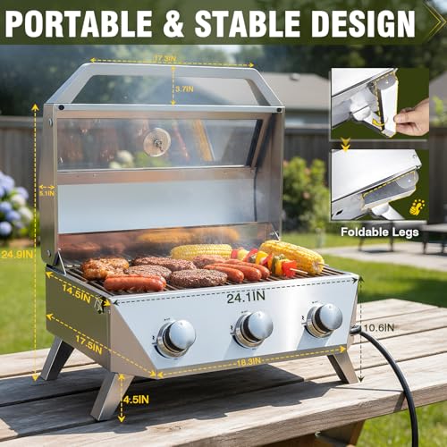 Image of BESTFIRE 3-Burner Tabletop Gas Grill with Viewing Glass, 30,000 BTU Stainless Steel Portable Propane BBQ Grill with Thermometer, Professional Outdoor Cooking for Patio, Camping, RV and Tailgating