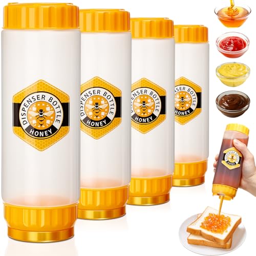 SiliFine 4 Pcs Honey Dispenser No-drip 18 oz, Honey & Syrup Squeeze Bottle with Lid, Refillable Condiment Bottle Bpa-free, More Hygienic for Sauces Ketchup Kitchen Pancakes Salad Dressings
