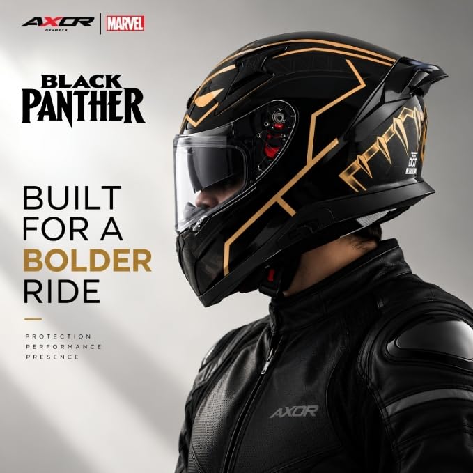Image of Axor Apex Marvel Black Panther ISI ECE and DOT Certified Full Face Helmet for Men and Women with Dual Visors-Black Gold-L