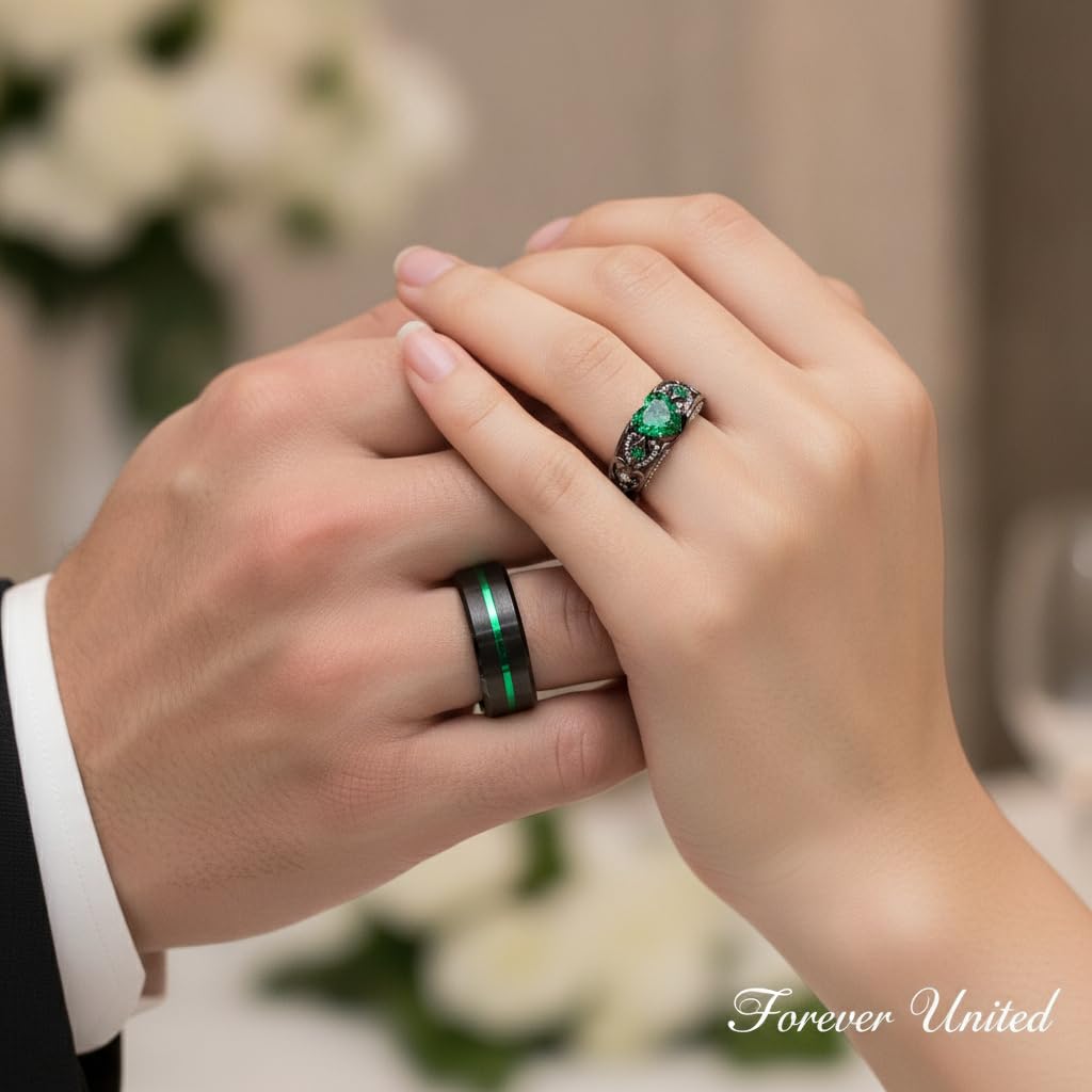 RHANY Passende Eheringe für Paare Set Versprechen Ringe für ihn und sie anpassbare Smaragd grün Verlobungsringe für Frauen Herren Ehering Wolfram graviert Valentinstag Schmuck Geschenk