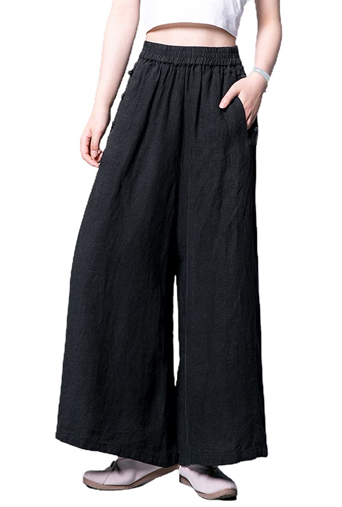 chouyatou Womens Baggy Elastic Waist Chinese Frog Button Wide Leg Linen Pants