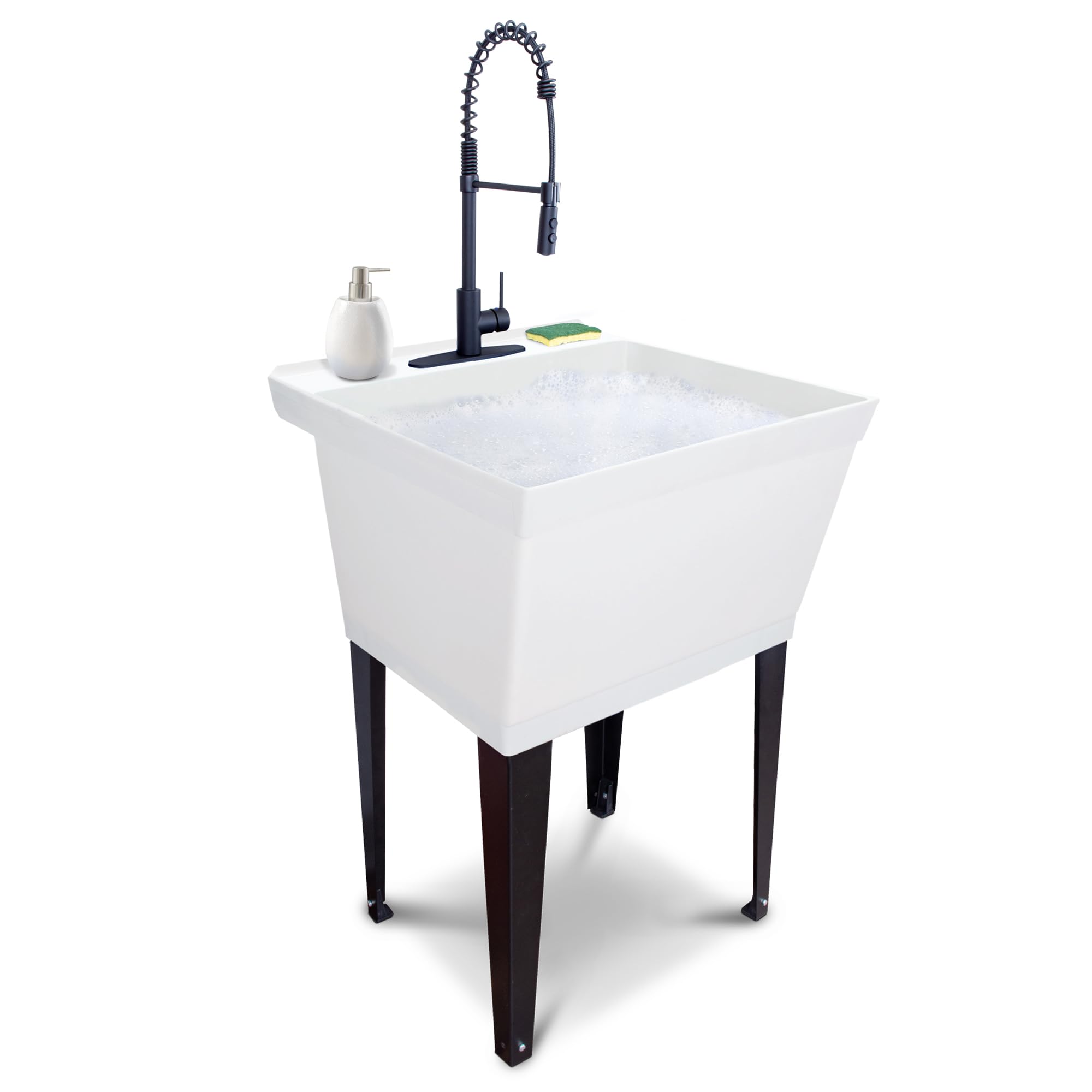 Utility Sink Extra-Deep Laundry Tub in White with High-Arc Coil Pull-Down Sprayer Faucet in Matte Black, Integrated Supply Lines, P-Trap Kit, Heavy Duty Floor Mounted Freestanding Wash Station