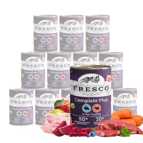 FRESCO Dog NassBarf Kaninchen mit Rind 12 x 400g | Hundefutter Nass getreidefrei | 80% Frischfleisch | Nassfutter für Hunde ohne künstliche Zusätze | Aus Deutschland