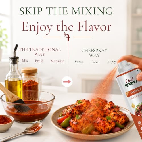 Image of ChefSPRAY Tandoori Oil Spray - 100% Natural Flavoured Cooking Spray | Perfect for Grilling, Roasting, Pan Frying, & BBQ | No Preservatives, No Propellants | Easy, Mess-Free Cooking - 200 mL
