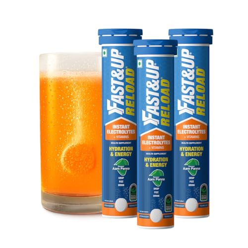 Image of Fast&Up Reload (15 Litres) Low Sugar energy drink for Instant Hydration - 20 Effervescent Tablets with all 5 Essential Electrolytes + Added Vitamins - Certified Electrolytes Drink - Orange flavour, Pack of 3