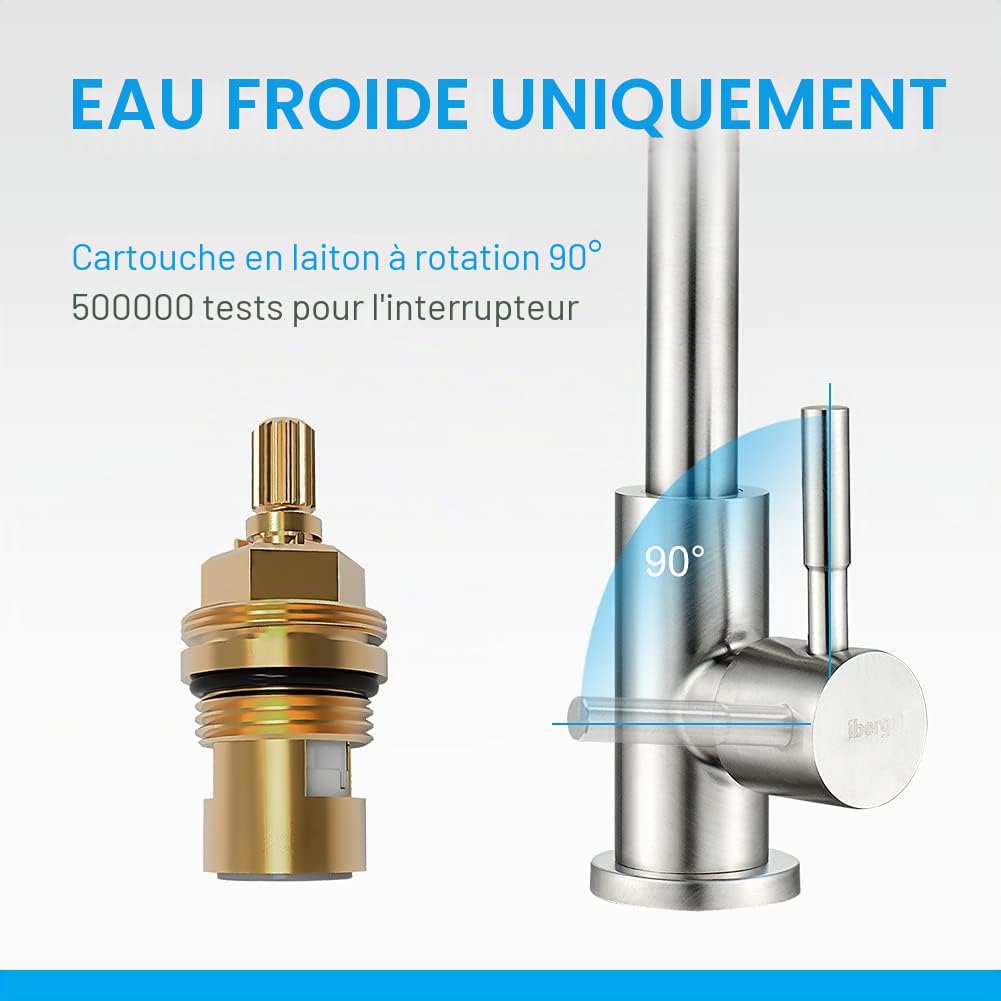 Robinet de cuisine Ibergrif en acier inoxydable pivotant 360° eau froide cartouche céramique flexible 50 cm