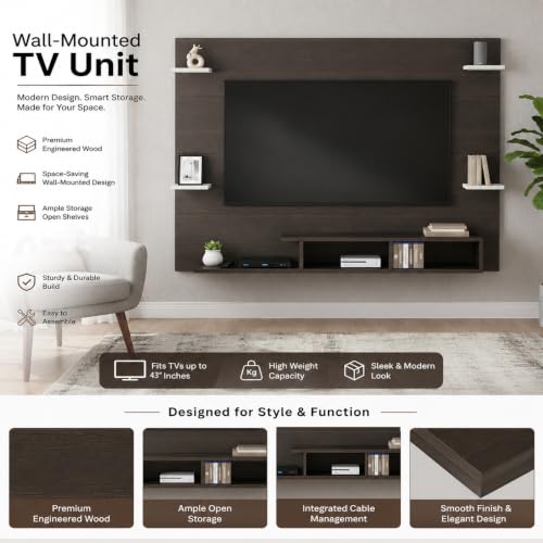 Image of FURNEASER Harrison Wall Mount TV Cabinet for Living Room | TV Unit with Back Panel, Set Top Box Stand & Display Shelves | Modern TV Rack & Entertainment Unit for 32 to 43 Inch TV (Wenge & White)