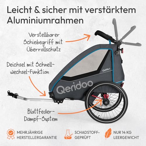 Qeridoo QUPA 1 Blue | Fahrradanhänger 1 Kind | Kinder Fahrradanhänger mit Blattfederung & Handparkbremse | Jogger Kinderwagen | Kinderfahrradanhänger | Kinderbuggy | Fahrrad Anhänger Kinder