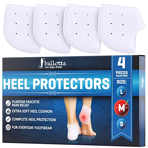 Ballotte Premium Silicone Heel Cups, Gel Heel Pads for Women & Men, Cracked Footbed Relief & Blister Prevention, Cushioned Sole Cups for Plantar Fasciitis, Soft Silicone Socks (Medium, 4 Pack)