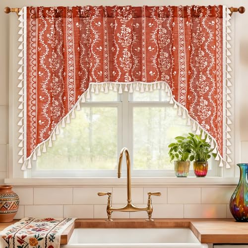 Image of Yinhua Boho Swag Valance Curtains Vintage Linen Valances for Windows Light Filtering Floral Kitchen Valance Rod Pocket Farmhouse Tassel Window Valances for Bathroom Cafe, 60 inch W x 36 inch L, Terracotta