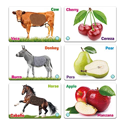 My Touch And Feel English Spanish Bilingual Picture Double Sided Sensory Flash Cards For Infant, Toddlers, Kids, Learn Animals, Fruits, And Vehicles, Fun Learning And Educational Flashcards #TOP5