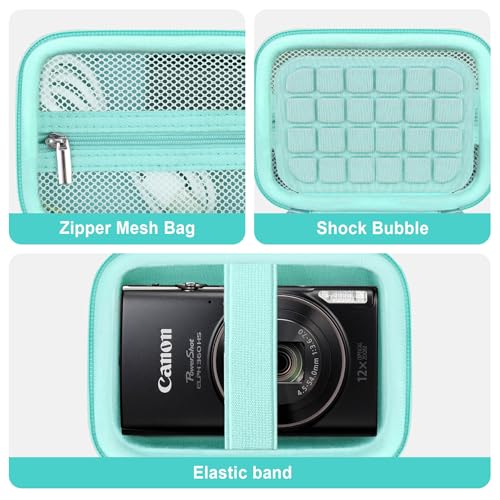 Image of Camera Case for Canon PowerShot ELPH 360 HS A, IXY 650 /ELPH 360 Camera Protective Case Storage Holder Travel Bag with Wrist Strap, Mesh Pocket for Battery Pack, USB Cable, Green