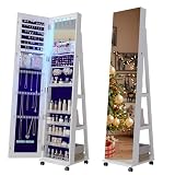Lvifur 360° Rotating 64'' Jewelry Armoire with 6 LEDS, Full Length Mirror Large Capacity Jewelry Organizer Armoire, Lockable Floor Standing Mirror with 4 rollers for Bedroom, Cloakroom