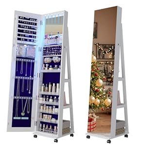 Lvifur 6LEDS Schmuckschrank mit Ganzkörperspiege, 360°drehbar Spiegelschrank mit 4 Räder, abschließbar Standspiegel Schmuckorganizer mit großer Stauraum Geeignet für Schlafzimmer Wohnzimmer