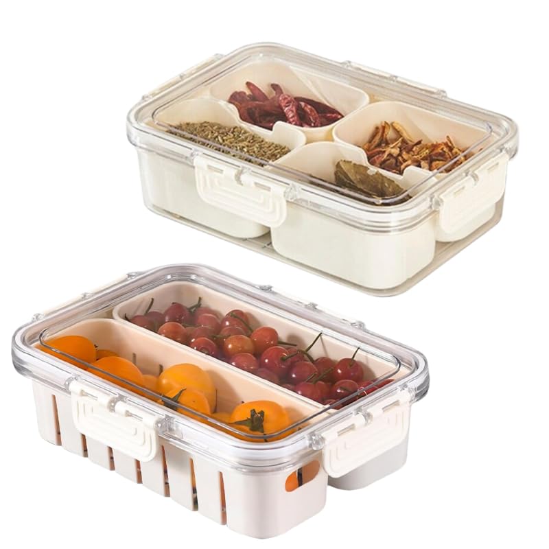 ZIVIK Refrigerator Storage Box, Fresh-keeping Fruit Box,Air Tight Vegetables Storage Containers with 2 or 4 Detachable Boxes,Transparent storage Bins (2 + 4 Compartment Box)