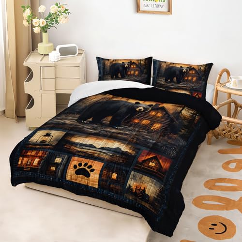 Image of Black Bear Comforter Set Full Size for Boys Kids,Rustic Theme Woodland Cabin Lodge Bear Hunting Bedding Set,Soft Microfiber Wildlife Forest Animals Print Quilt Set
