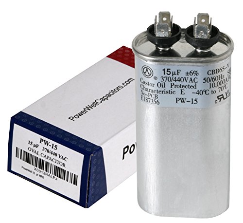 PowerWell 15 uf MFD 370 or 440 Volt Fan Motor Run Oval Capacitor PW-15/440 Condenser for Air Handler Straight Cool/Heat Pump Air Conditioner - Guaranteed to Last 5 Years