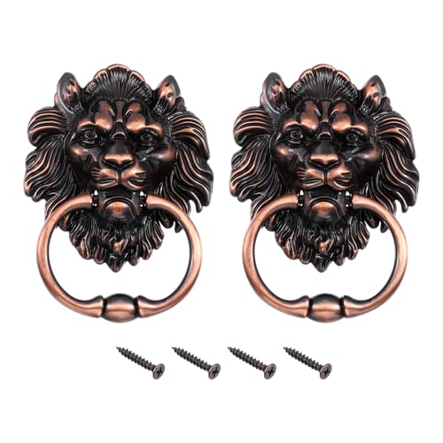 sourcing map 2 Pcs Lion Head Pulls Knob, 6 Inch Zinc Alloy Vintage Lion Door Handle Decorative Front Door Knob Ring Pull Handle for Gate Cabinets Drawers, Copper