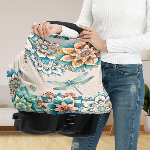 Image of ZFRXIGN Boho Dragonfly Car Seat Covers for Baby Girls Nursing Cover Scarf Infant Stroller Cover Multi Use Soft Stretchy Carseat Canopy Baby Car Seat Cover Western Flower