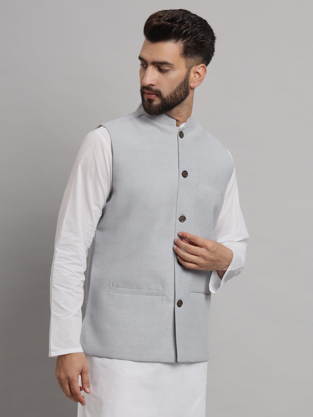 LATEST CHIKAN Men's Traditional Cotton Solid Nehru Jacket/Waistcoat -SADRI-LB-GY-40 - Image 4 thumbnail