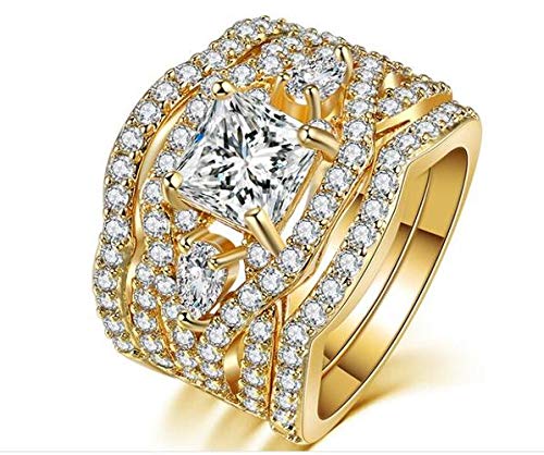 Pat Halo Wedding Ring Set for Women by Ginger Lyne |3 Ring Bridal Set | Gold Plated Engagement Ring with Two Matching Anniversary Bands | Cubic Zirconia Promise or Wedding for Her4