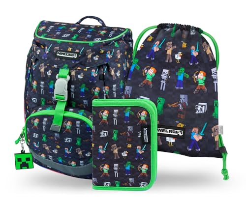 Baagl Schulranzen Jungen für 1. Klasse, Airy Schultasche Set 3-Teilig, Grundschule Schulrucksack für Kinder, Ranzen für Schule, Tornister (Minecraft)