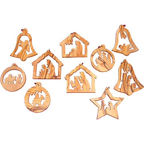 Zuluf 10-Pc Hand Carved Olive Wood Christmas Ornaments from Bethlehem with Certificate - Bulk Religious Nativity & Christian Tree Decorations, Holy Land Israel Catholic & Christian Ornaments Set