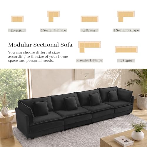 Image of Corduroy Sectional Couch, 4 Seater 149.2 inch Cloud Couch, Modular Deep Seat Sofa with Pillows for Living Room, Apartment, Black