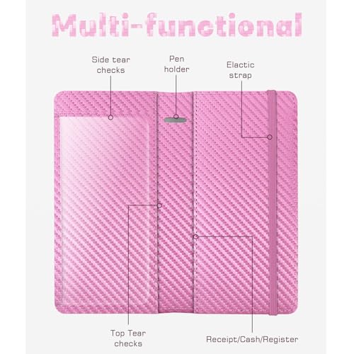 Image of Checkbook Cover for Men Women, Premium Leather Checkbook Holder with RFID Blocking and Built in Clear Plastic Divider for Personal and Business Checks (Pink Carbon)