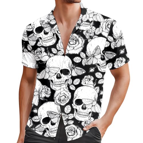 RUMAOZIA Camisa de manga corta para hombre, para vacaciones, para el tiempo libre, verano, manga corta, con estampado de calavera, estampado de calavera, camisa hawaiana, multicolor, arco iris, camisa