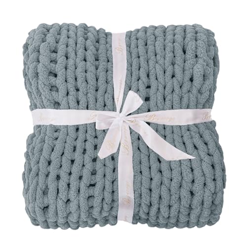 Bigacogo Chunky Knit Throw Blanket for Couch, 40x60 inches, 100% Hand Knitted with Thick Jumbo Chenille Yarn, Cozy Soft Large Rope Knot Cable Crochet Blankets for Sofa Bed Living Room, Dusty Blue