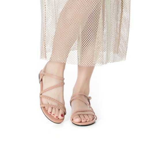 Image of Mtzyoa Women Flat Sandals Dressy Strappy Gladiator Summer Ankle Strap Nude Open Toe Comfortable Wedding Casual Leather Ladies Party Trendy Vacation