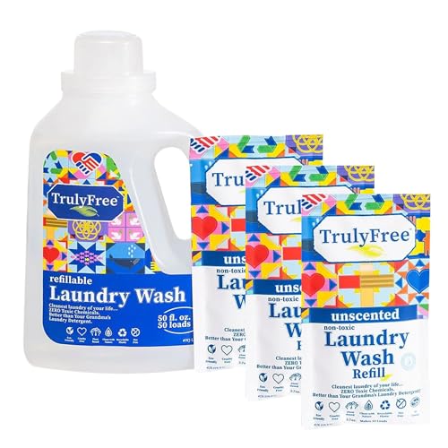 Image of Truly Free Laundry Wash Detergent for Sensitive Skin, Gentle & Safe for Baby Clothes | Plant-Based, Natural Ingredients | Unscented | Include 1 Refillable Bottle (150 Loads)