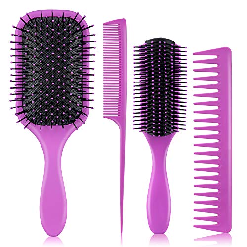 4Pcs Hair Brushes for Women - Hair Brush Comb Set for Women Great on Wet Or Dry Hair, No More Tangle Hairbrush for Long Thick Thin Curly Natural Hair (Purple)