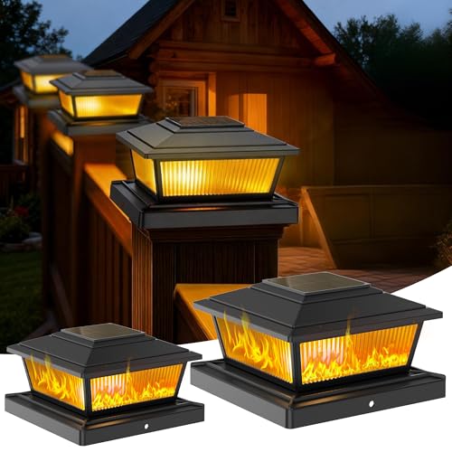 KEILAIMO Solar Post Cap Lights Outdoor for 4x4 5x5 6x6 Wood/Vinyl Posts, 8 Pack Fence Post Solar Lights with Flickering Flame & Warm Modes for Deck/Garden/Patio, IP65 Waterproof - Black