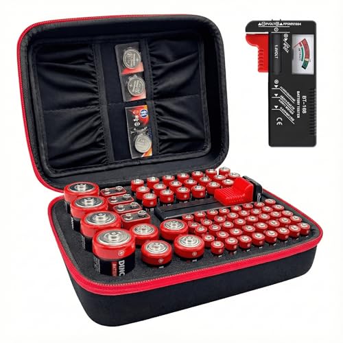 Thowapou Batterie Aufbewahrungsbox EVA Hartschale Batterie Organizer Tragetasche fasst 73 Batterien (AA AAA 9V C D) 1680D Oxford Batterie Koffer (Ohne Batterien)