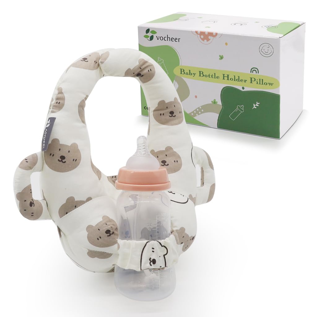 vocheer Baby Bottle Holder Hands Free, Self Feeding Infant Bottle Propper, Twin Baby Essentials, Portable Support Pillow for Newborns,Cotton, White Bear