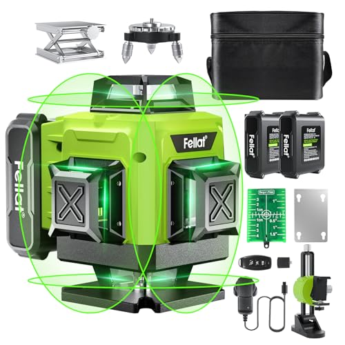 FELLAT Laser Level 4D 16 Lines Green Laser for Construction Two 360 Vertical and Two 360 Horizontal Laser Level Self-Leveling with Remote Controller 2x4800mAh Rechargeable Battery