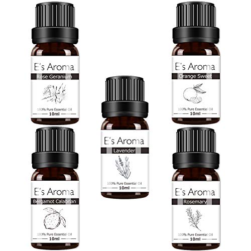 【Amazon限定ブランド】E's Aroma アロマオイルセット 100%純正 エッセンシャルオイル 厳選精油 10ml 5本セット プレゼントに最適 ローズマリー ラベンダー ローズゼラニウム オレンジスウィート ベルガモット・カラブリアン(レジャー タイム)