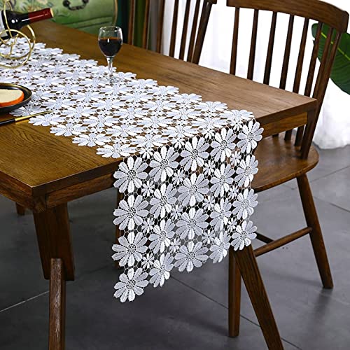 Chemin de table de Noël blanc en polyester avec dentelle creuse 40x310 cm