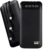 Carregador Portátil Power Bank Universal 10000mAh 3 Cabos Integrados Design Leve, Compacto e Ultra Rápido Com Entradas (Micro USB, USB-C e IOS) Led Com Indicador Bateria