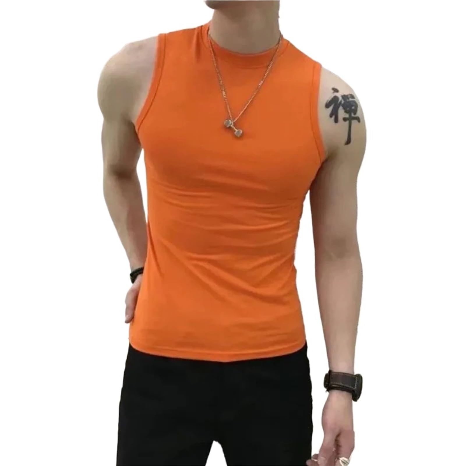 Vests Men Summer Trend Vest Men's Tight Turtleneck Sleeveless Cotton Vest Male Slim Fitness Stretch Tank Tops Bottoming Shirt Streetwear(Orange,XS)