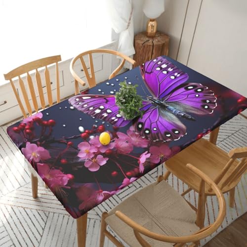 Xzeit Purple Plum Butterfly Rectangle Tablecloth Elastic Fitted Table Covers for 5 Ft Tables Stretch Table Cloths Outdoor Waterproof Table Cloth Cover for Picnic Camping Indoor Outdoor 30