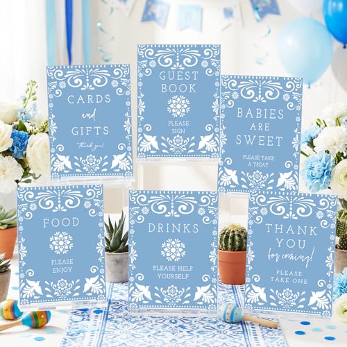 Image of Vercraft 6 Pcs Cielito Lindo Baby Shower Table Decoration Mexican Fiesta Papel Picado Thank You Acrylic Sign 6 x 8 Inch Blue Cielito Lindo Centerpieces with Stand Mexican Party Decoration