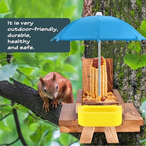 MIXXIDEA Wooden Squirrel Feeder Table with Water Bowl, Squirrel Picnic Table for Outside with Umbrella, Brown Squirrel Feeder with Corn Cob Holder Cute Chipmunk Feeder (Blue)
