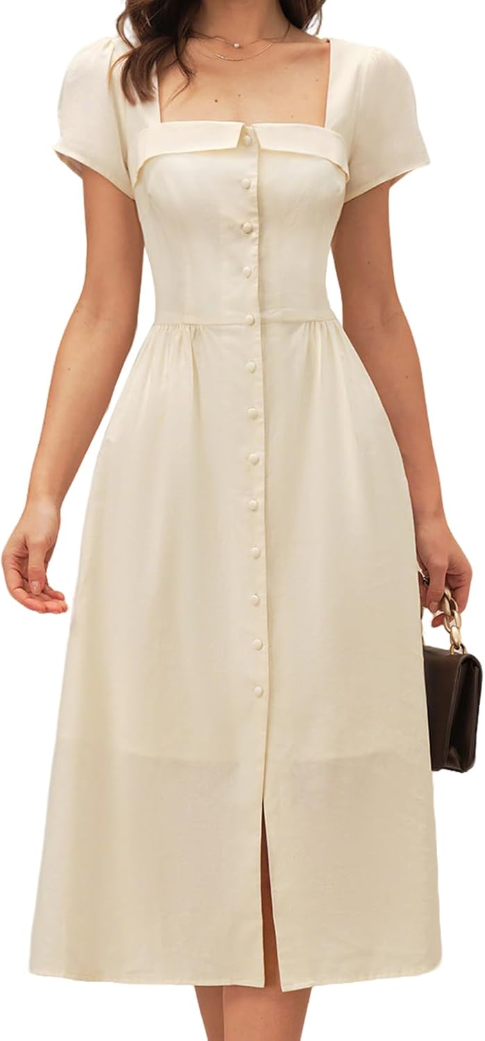 RIHOAS Elegant Casual Dresses for Women Short Sleeve Puff Square Neck A-Line Midi Dress