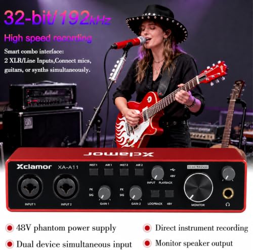 Image of USB Audio Interface 2 Channel, 32-Bit /192kHz Studio Recording Interface with 48V Phantom Power, Dual XLR /TRS Inputs, Zero-Latency Monitoring for Podcast, Guitar, Streaming & Music Production