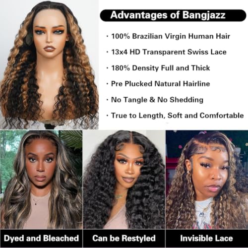Image of bangjazz 32 Inch 13x4 HD Lace Front Wigs Human Hair 180% Density 1b /27 Balayage Deep Wave Lace Frontal Wigs Blonde with Black Colored Ombre Wig Human Hair Pre Plucked for Black Women Glueless Wig