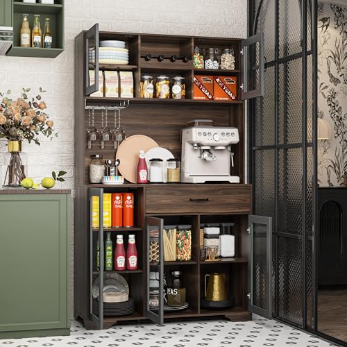 Image of Fatmok 71 inch Tall Pantry Cabinet with Glass Doors, Kitchen Hutch Storage Cabinet, Coffee Bar & Liquor Cabinet with Charging Station & LED Lights, Wine Rack, Adjustable Shelves&Large Drawer, Brown