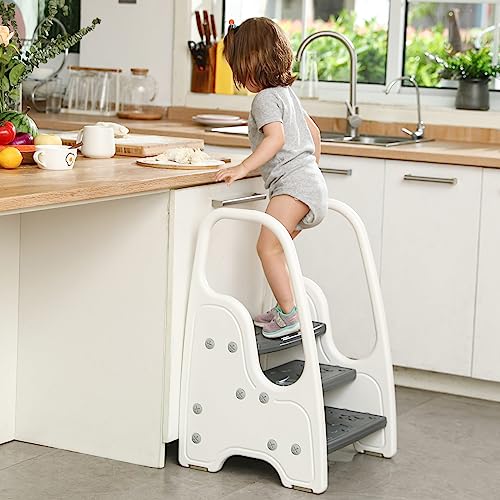 3 Step Stool for Toddler,Kids Three Step Stool for Bathroom Sink or Kitchen Counter, Children Step Up Learning Helper with Safety Handles and Non-Slip Pads,Grey by Wiifo - Image 2